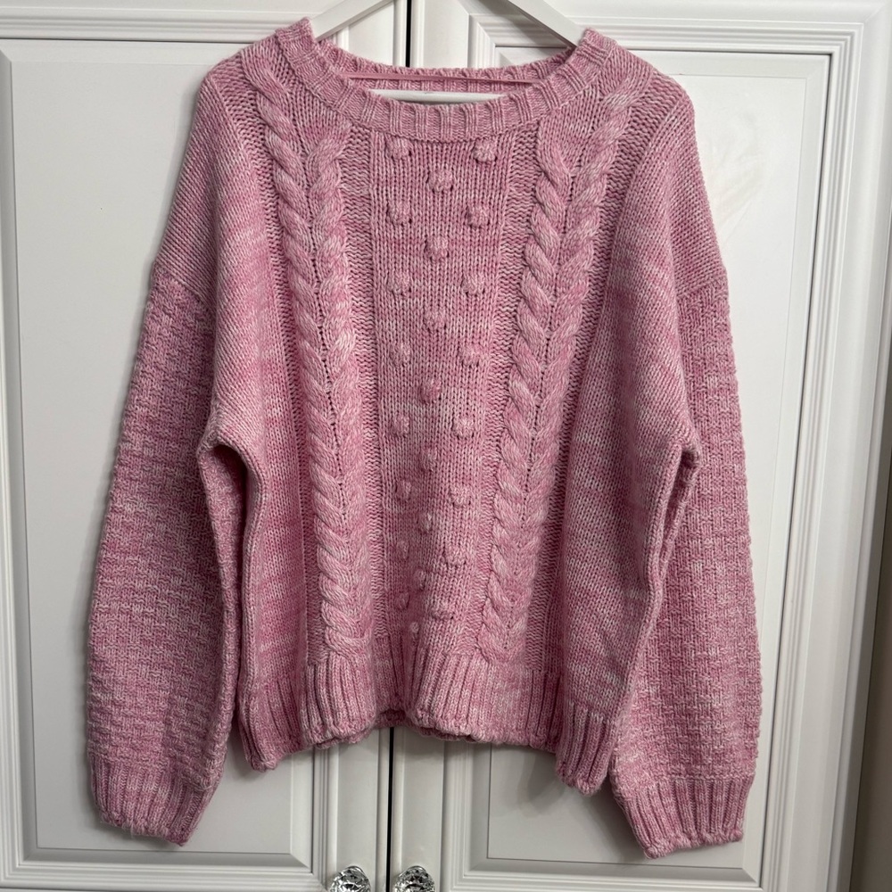 ICHI Women’s XL Pink w/White Crew Neck Drop Shoulder Cable Knit Thick Sweater